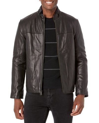 Cole Haan Mens Smooth Lamb With Convertible Collar Leather Outerwear Jackets - Black