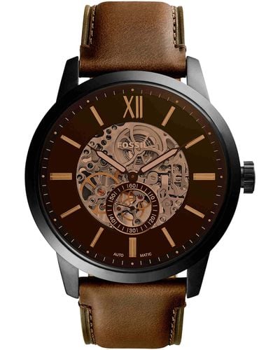 Fossil Townsman Automatic Stainless Steel And Leather Three-hand Skeleton Watch - Gray