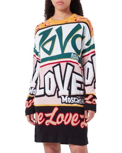 Love Moschino Comfort Fit Long-sleeved in Blended Wool With Graffiti Jacquard Intarsia Dress - Grau