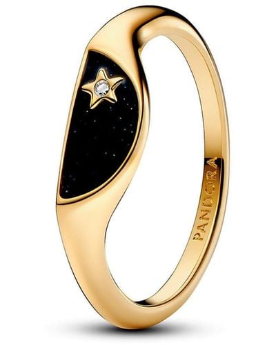 PANDORA Me Halved Signet 14k Gold-plated Ring With Clear Cubic Zirconia And Glittery Black Enamel - Metallic