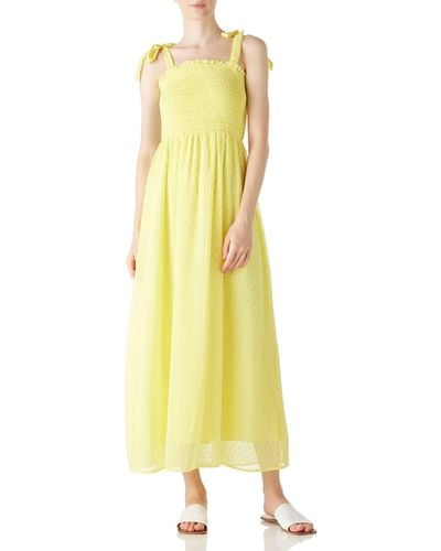 FIND Summer Elegant Swiss Dot Spaghetti Tie Strap Party Maxi Dresses - Yellow