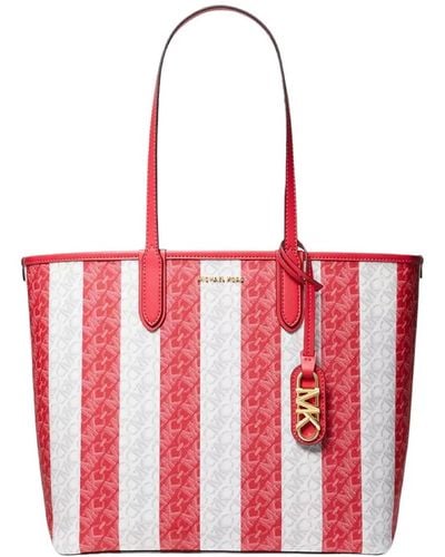 Michael Kors Striped Eliza Logo X Large East West Reversible Tote - Red