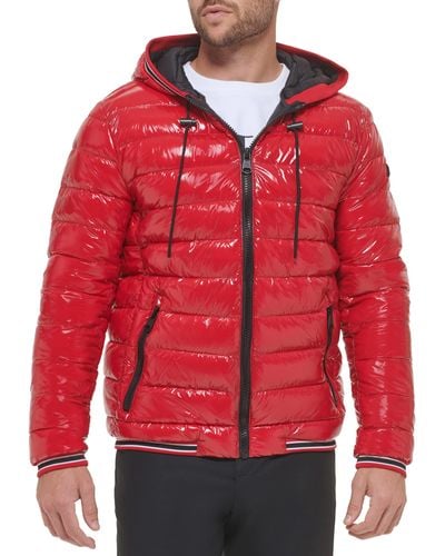 Calvin Klein Hooded Shiny Puffer Jackets - Red