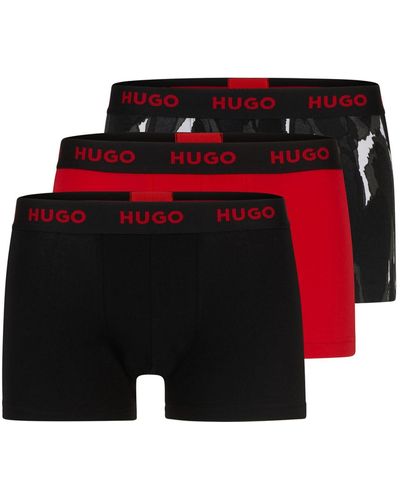 HUGO S Trunk Triplet Design Three-pack Of Stretch-cotton Trunks With Logo Waistbands Grey - Red