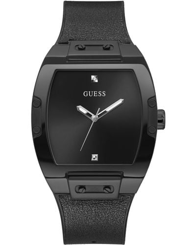 Guess Trend Tonneau Diamond 43mm Stainless Steel Quartz Watch With Silicon+leather Strap - Black