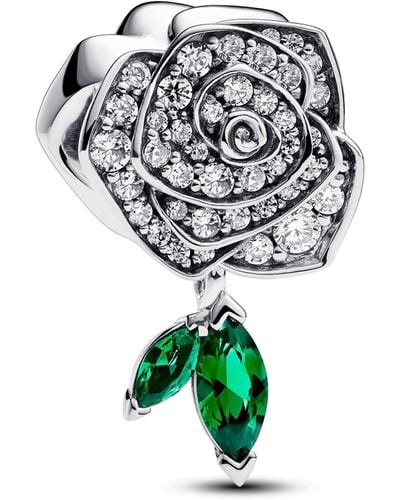 PANDORA Moments Rose Sterling Silver Charm With Clear Cubic Zirconia And Royal Green Crystal - White