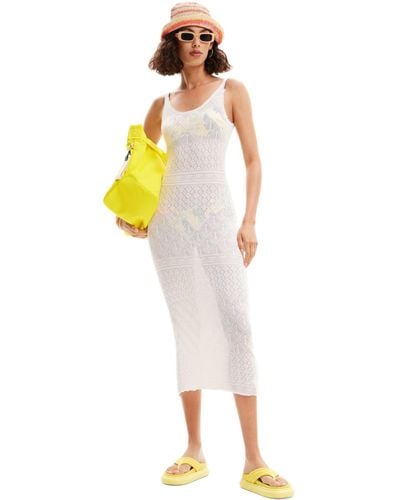 Desigual Kenia Beach Crochet Lace Midi Strappy Dress 24swmf02 White Size M - Yellow