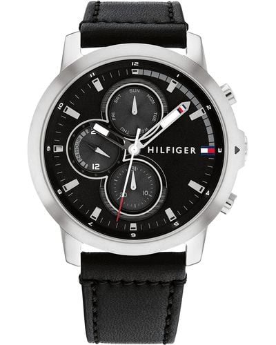 Tommy Hilfiger Multifunction Stainless Steel Case And Leather Strap Watch - Black