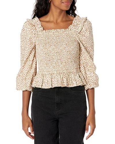 The Drop Marisol Long Sleeve Ruffle Smocked Cropped Top - Natural