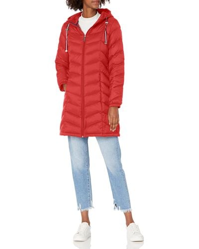 Tommy Hilfiger Mid-length Puffer Hooded Down Jacket With Drawstring Packing Bag - Red