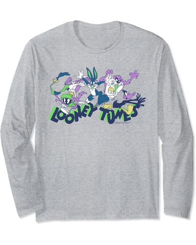 Amazon Essentials Looney Tunes Green Logo With Running Characters Long Sleeve T-shirt - Gray