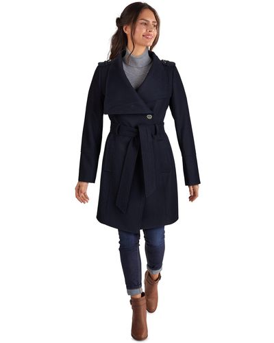 Guess Belted Softshell Coat With Hood Transitional Jacket - Blue