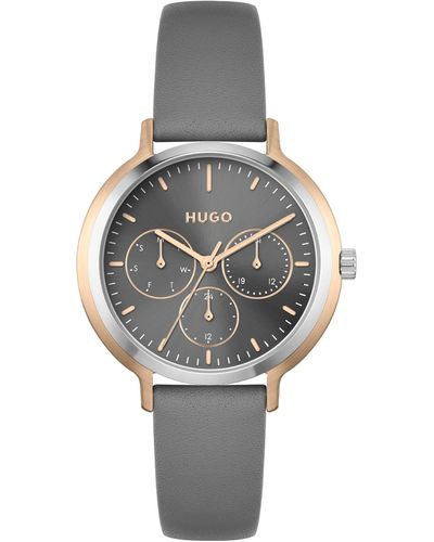 HUGO Multi Zifferblatt Quarz Uhr für mit Graues Lederarmband - 1540109