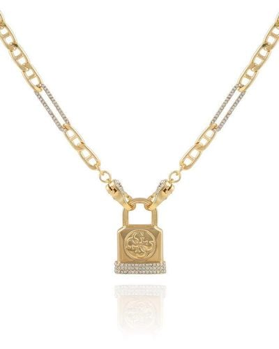 Guess Womens Gold-tone Chain Necklace Logo Padlock Pendant - Metallic