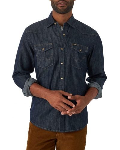 Wrangler Mens Iconic Denim Regular Fit Snap Button Down Shirt - Blue