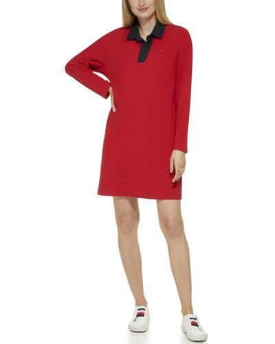 Tommy Hilfiger Johnny Collar Long Sleeve Solid Sportswear Dress - Red