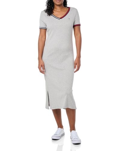 Tommy Hilfiger V-neck Stripe Trim Midi T-shirt Dress Casual - Grey