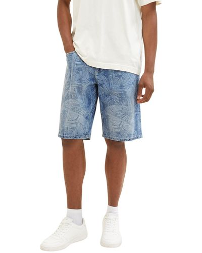 Tom Tailor 1036298 Relaxed Fit Jeans Bermuda Shorts mit Palmen-Print - Blau