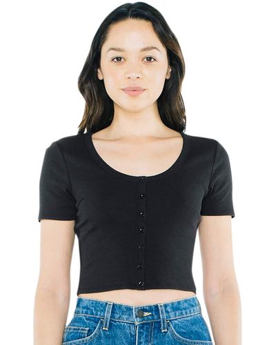 American Apparel Cotton 2x2 Button Front Short Sleeve Crop Top - Black