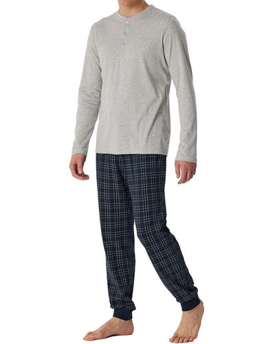 Schiesser Schlafanzug lang mit Knopfleiste warme Baumwolle-Interlock Pyjamaset - Grau