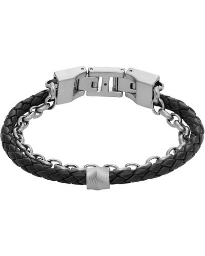 Fossil Stainless Steel Black Braided W/silver-tone Chain Bracelet - Metallic