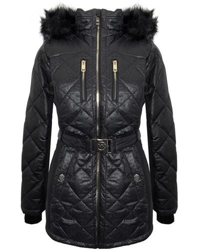 Michael Kors Michael Black Scuba Stretch Quilted Belted Coat with Hood - Schwarz