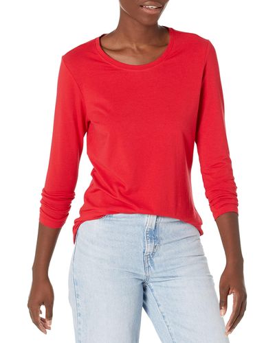 Amazon Essentials T-Shirt Col Rond à ches Longues Coupe Classique - Rouge