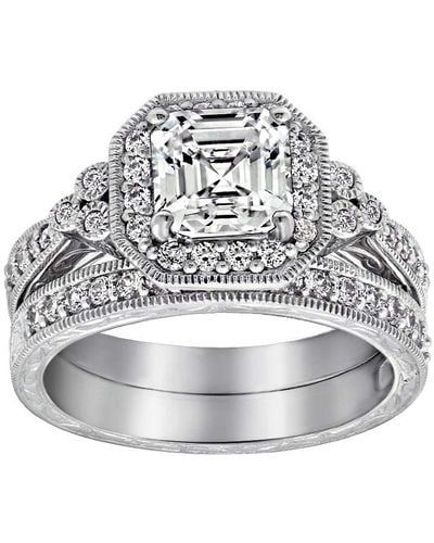 Amazon Essentials Platinum Plated Sterling Silver Made With Infinite Elements Cubic Zirconia Asscher Antique Ring - Metallic