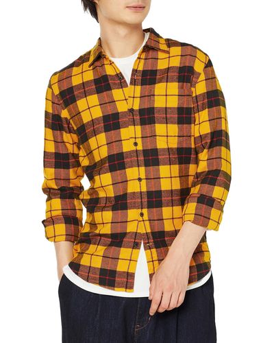 Amazon Essentials Camisa en Franela de ga Larga y Corte Ajustado con Estampado de Cuadros - Naranja