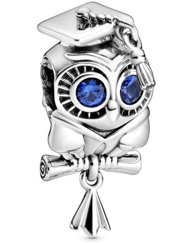 PANDORA Icons Dije con diseño de búho de graduación de plata de ley con cristal azul estelar