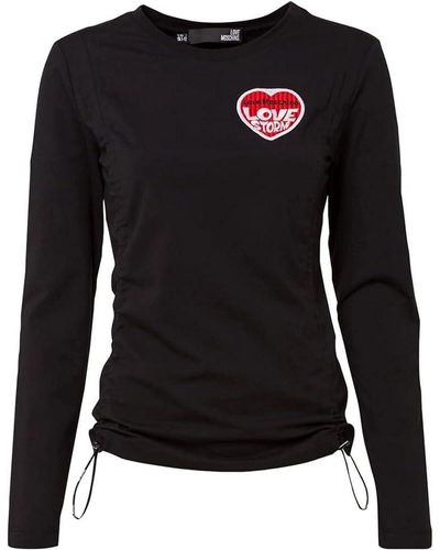 Love Moschino Tight Long Sleeves Sides Curled by Logo Elastic Drawstring and with Embroidered Love Storm Heart Patch T-Shirt - Schwarz