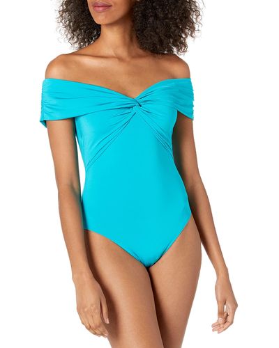 Trina Turk Standard Off Shoulder Twist Front Bandeau One Piece Swimsuit - Blue