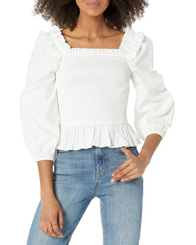 The Drop Marisol Long Sleeve Ruffle Smocked Cropped Top - White