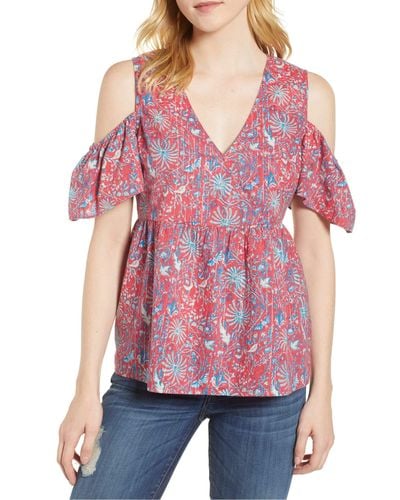 Lucky Brand Printed Cold Shoulder Top - Red