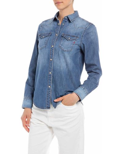Replay Camicia in Jeans Donna ica Lunga in Cotone - Blu