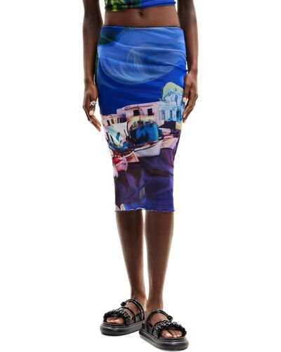 Desigual M. Christian Lacroix Landscape Midi Skirt 24swfk05 Size S Blue