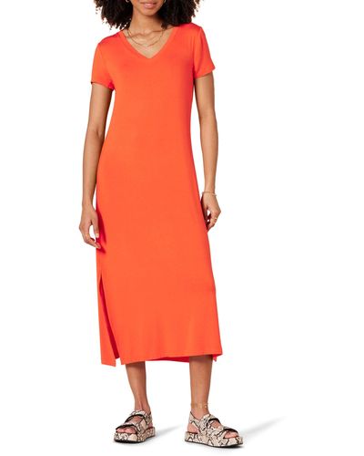 Amazon Essentials Jersey V-neck Short-sleeved Midi-length Dress - Red