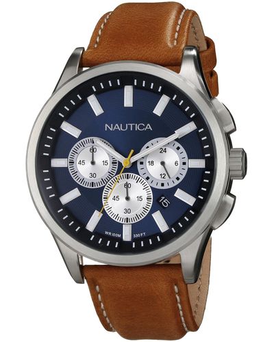 Nautica N16695G NCT 17 Brushed Stainless Steel Watch with Brown Band - Blu