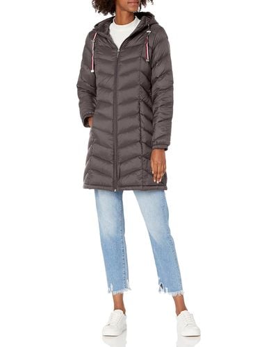 Tommy Hilfiger Mid-length Puffer Hooded Down Jacket With Drawstring Packing Bag - Grey