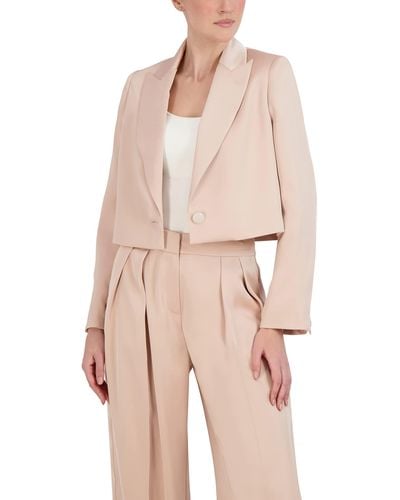 BCBGMAXAZRIA Relaxed Cropped Satin Jacket Long Sleeve V Neck Peak Lapel Button Front - Pink