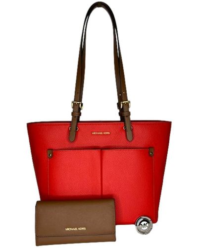 Michael Kors Jet Set Travel Md Doulbe Pocket Tote Bundled With Large Trifold Wallet And Purse Hook - Red
