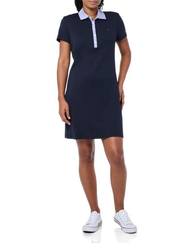 Tommy Hilfiger Collared Short Sleeve Cotton T-shirt Dress Casual - Blue
