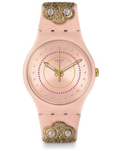 Swatch Erwachsene Analog Quarz Uhr mit Stoff Armband SUOP108 - Pink