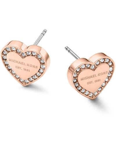Michael Kors Rose Gold Tone Signature Heart Stud Earrings - Pink