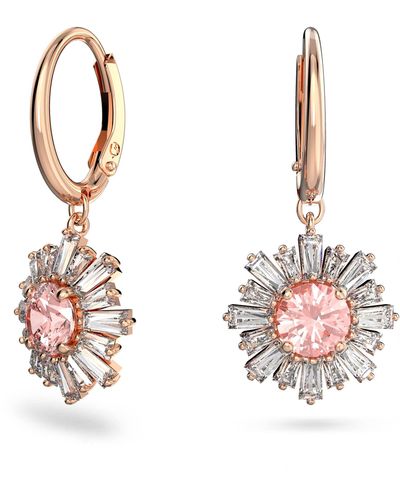 Swarovski Sunshine Drop Hoop Earrings With Pink And Clear Crystal Sun Motif On A Rose Gold-tone Finish Setting