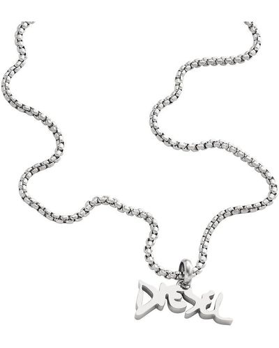 DIESEL Logo Silver Stainless Steel Pendant Necklace - Metallic