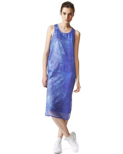 adidas Originals Ocean Elements Satin Batik Chiffon Overlay Tank Dress - Blue