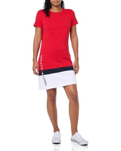 Tommy Hilfiger Striped Hem Cotton Short Sleeve T-shirt Dress Casual - Red