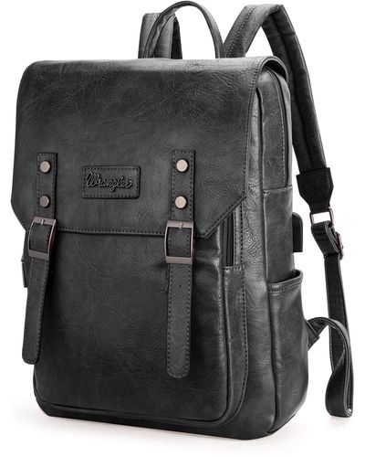 Wrangler Backpack For & Vintage Vegan Leather Work Business Travel Laptop Backpack With Charging Port - Black