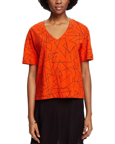 Esprit Baumwoll-T-Shirt mit V-Ausschnitt und Print - Orange